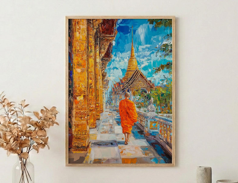Thai Buddhist Monk Oil Painting Poster, Golden Temple Bangkok Art Print, Spiritual Asia Wall Art, Meditation Decor, Impasto Architecture