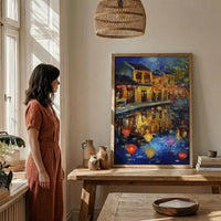 Vietnam Hoi An Oil Painting Poster, Colorful Lanterns Night Art Print, Ancient Town River Scene, Asian Travel Decor, Impasto Style Wall Art