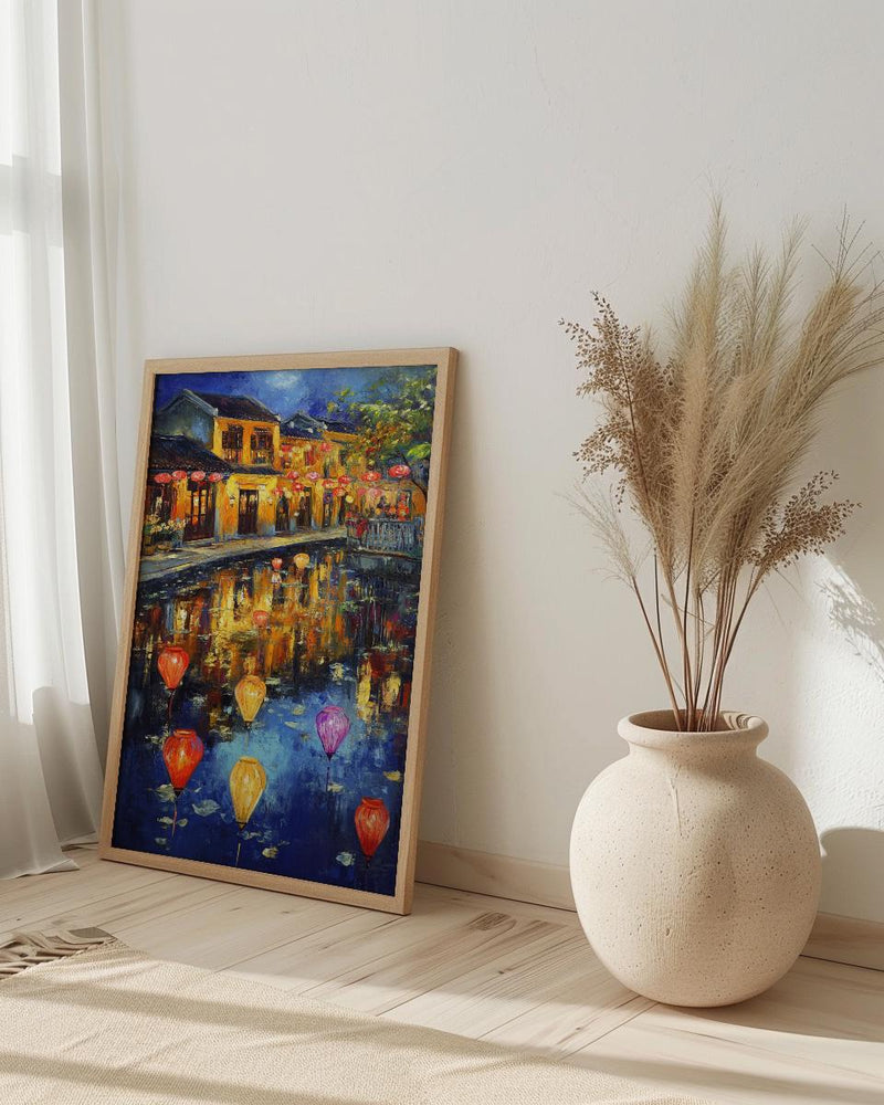 Vietnam Hoi An Oil Painting Poster, Colorful Lanterns Night Art Print, Ancient Town River Scene, Asian Travel Decor, Impasto Style Wall Art