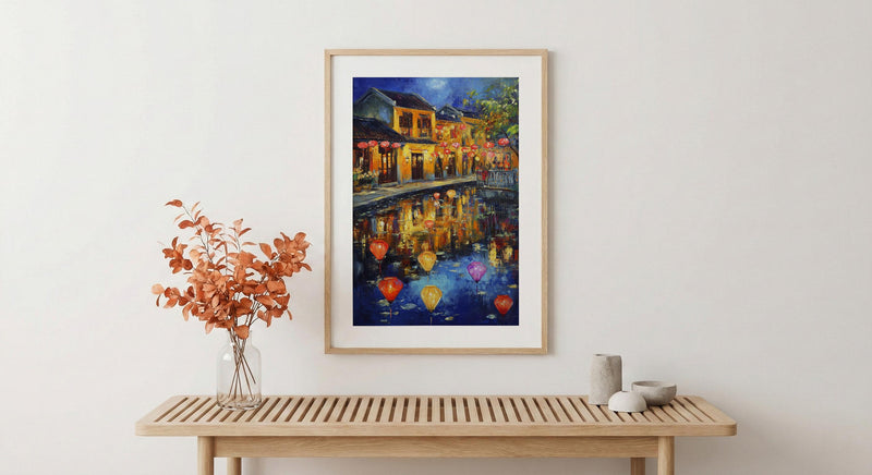 Vietnam Hoi An Oil Painting Poster, Colorful Lanterns Night Art Print, Ancient Town River Scene, Asian Travel Decor, Impasto Style Wall Art