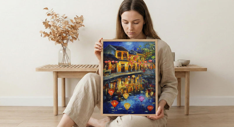 Vietnam Hoi An Oil Painting Poster, Colorful Lanterns Night Art Print, Ancient Town River Scene, Asian Travel Decor, Impasto Style Wall Art