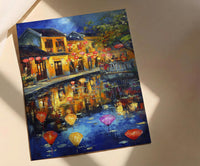 Vietnam Hoi An Oil Painting Poster, Colorful Lanterns Night Art Print, Ancient Town River Scene, Asian Travel Decor, Impasto Style Wall Art