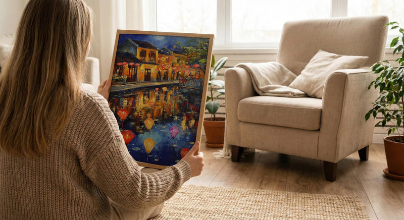 Vietnam Hoi An Oil Painting Poster, Colorful Lanterns Night Art Print, Ancient Town River Scene, Asian Travel Decor, Impasto Style Wall Art