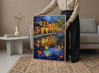 Vietnam Hoi An Oil Painting Poster, Colorful Lanterns Night Art Print, Ancient Town River Scene, Asian Travel Decor, Impasto Style Wall Art