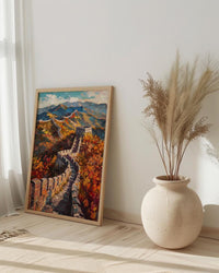 Great Wall of China Oil Painting Poster, Autumn Landscape Art Print, Chinese Wall Heritage Decor, Historical Asia Wall Art, Impasto Print