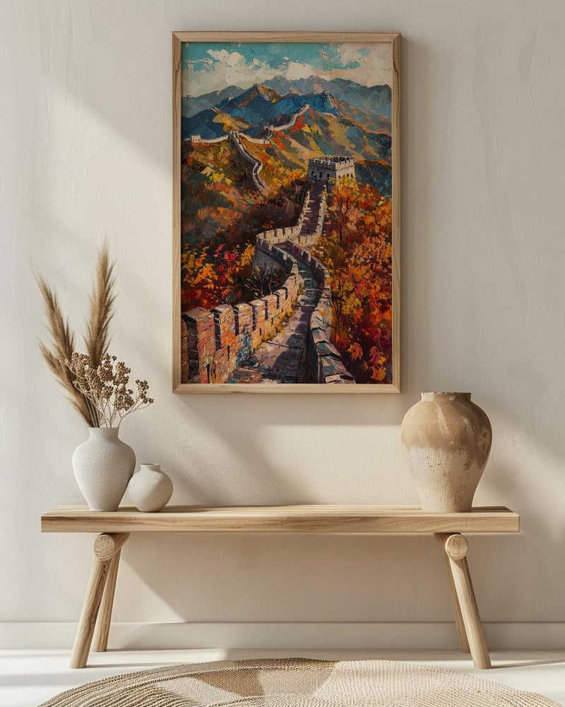 Great Wall of China Oil Painting Poster, Autumn Landscape Art Print, Chinese Wall Heritage Decor, Historical Asia Wall Art, Impasto Print