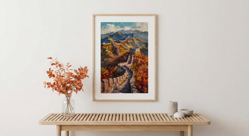 Great Wall of China Oil Painting Poster, Autumn Landscape Art Print, Chinese Wall Heritage Decor, Historical Asia Wall Art, Impasto Print