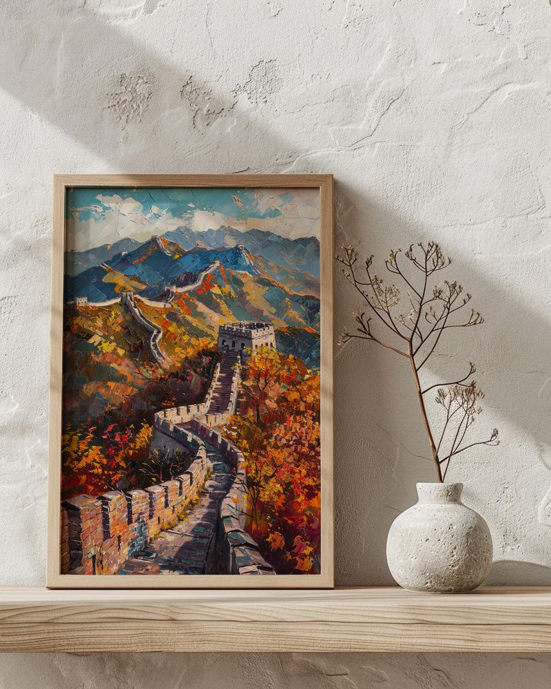 Great Wall of China Oil Painting Poster, Autumn Landscape Art Print, Chinese Wall Heritage Decor, Historical Asia Wall Art, Impasto Print