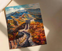 Great Wall of China Oil Painting Poster, Autumn Landscape Art Print, Chinese Wall Heritage Decor, Historical Asia Wall Art, Impasto Print