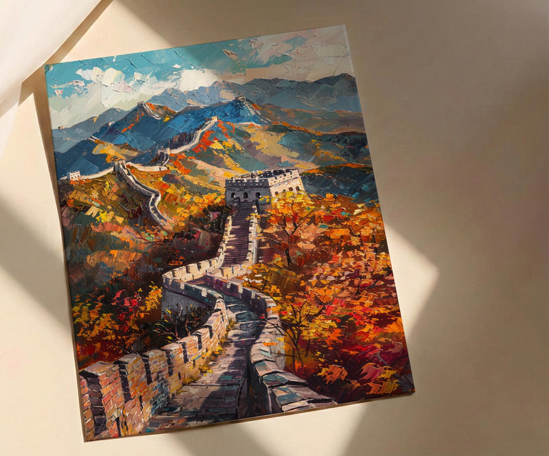 Great Wall of China Oil Painting Poster, Autumn Landscape Art Print, Chinese Wall Heritage Decor, Historical Asia Wall Art, Impasto Print