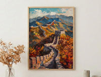 Great Wall of China Oil Painting Poster, Autumn Landscape Art Print, Chinese Wall Heritage Decor, Historical Asia Wall Art, Impasto Print