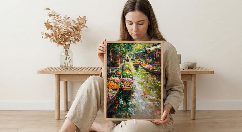 Thailand Floating Market Oil Painting Poster, Bangkok River Art Print, Tropical Boat Bazaar Wall Art, Exotic Asia Decor, Impasto Market