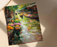 Thailand Floating Market Oil Painting Poster, Bangkok River Art Print, Tropical Boat Bazaar Wall Art, Exotic Asia Decor, Impasto Market