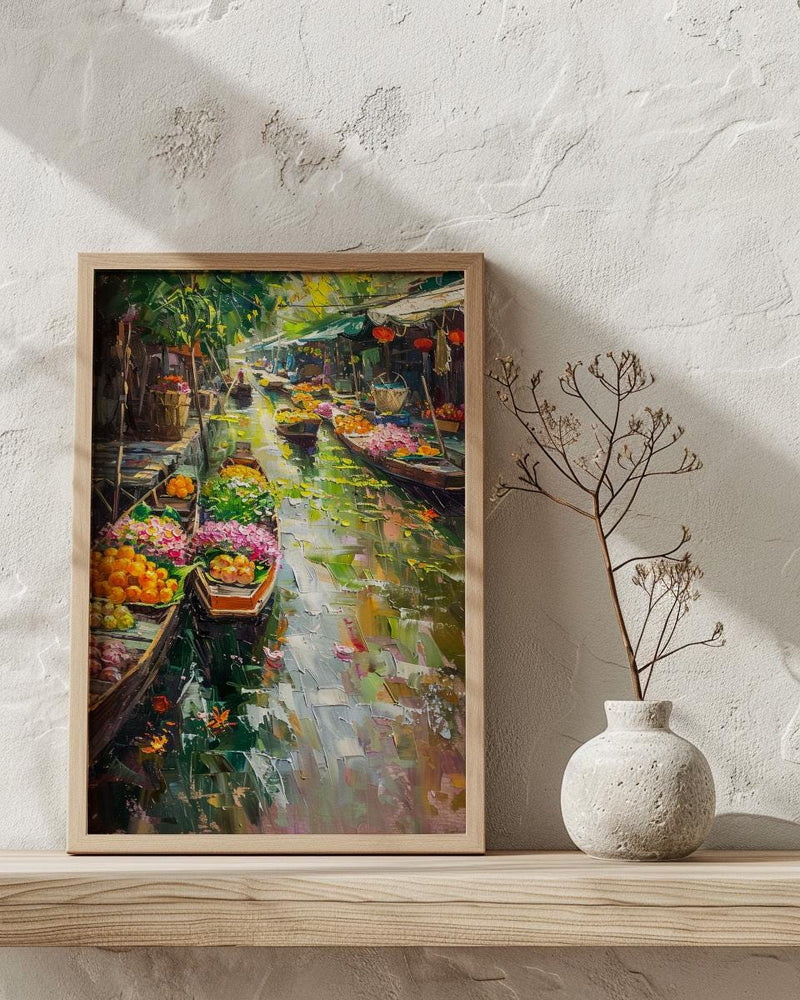 Thailand Floating Market Oil Painting Poster, Bangkok River Art Print, Tropical Boat Bazaar Wall Art, Exotic Asia Decor, Impasto Market