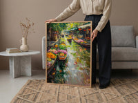 Thailand Floating Market Oil Painting Poster, Bangkok River Art Print, Tropical Boat Bazaar Wall Art, Exotic Asia Decor, Impasto Market