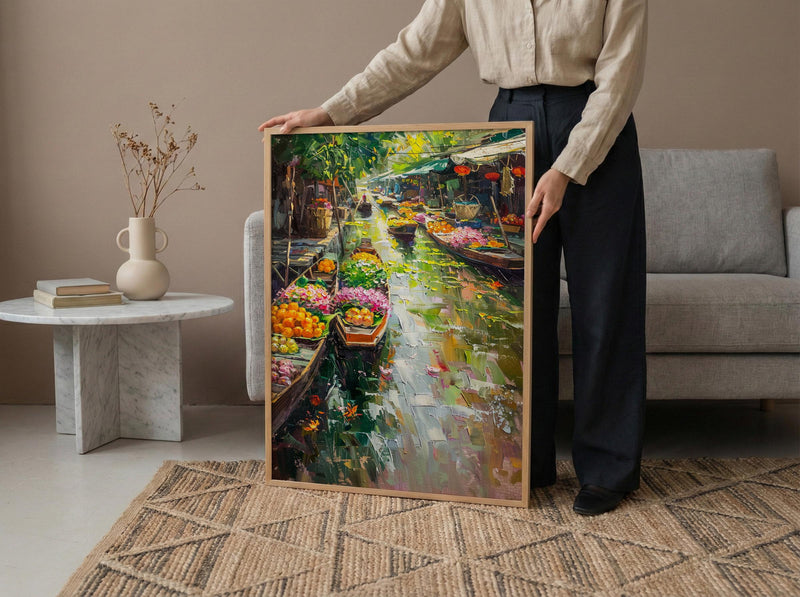 Thailand Floating Market Oil Painting Poster, Bangkok River Art Print, Tropical Boat Bazaar Wall Art, Exotic Asia Decor, Impasto Market