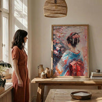 Japanese Geisha Oil Painting Poster, Kimono Woman Art Print, Cherry Blossom Sakura Wall Art, Traditional Asian Decor, Impasto Masterpiece