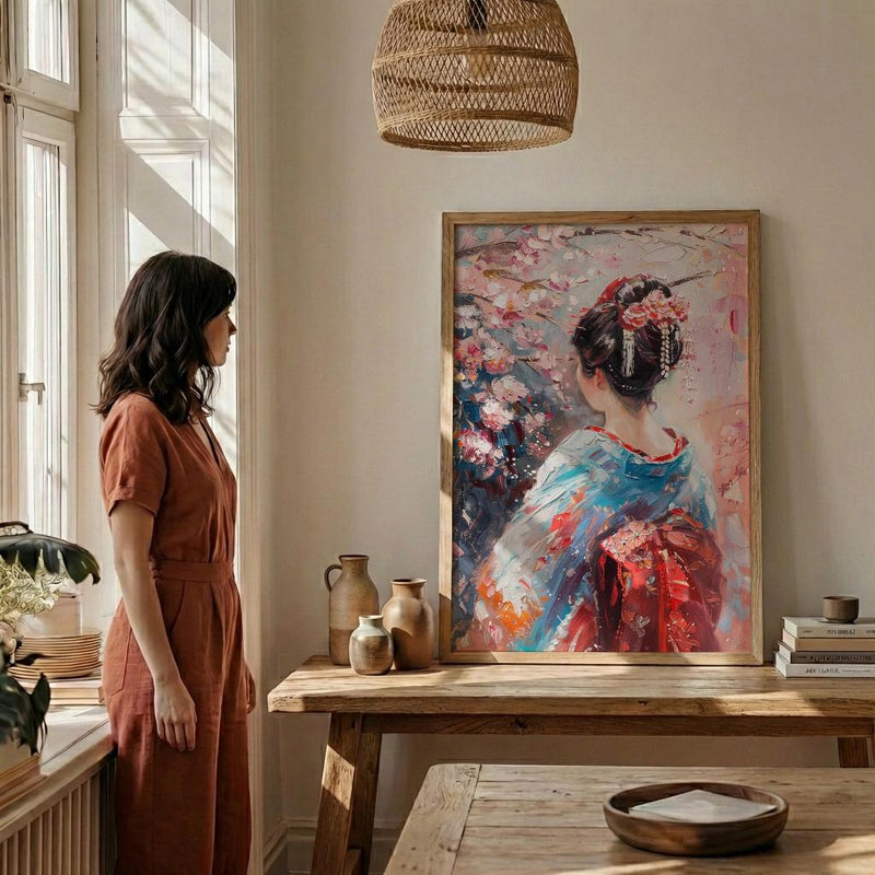 Japanese Geisha Oil Painting Poster, Kimono Woman Art Print, Cherry Blossom Sakura Wall Art, Traditional Asian Decor, Impasto Masterpiece