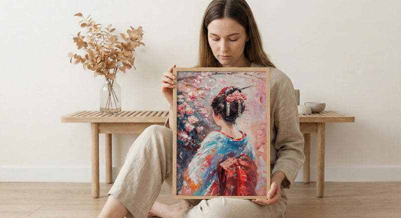 Japanese Geisha Oil Painting Poster, Kimono Woman Art Print, Cherry Blossom Sakura Wall Art, Traditional Asian Decor, Impasto Masterpiece