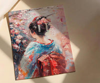 Japanese Geisha Oil Painting Poster, Kimono Woman Art Print, Cherry Blossom Sakura Wall Art, Traditional Asian Decor, Impasto Masterpiece