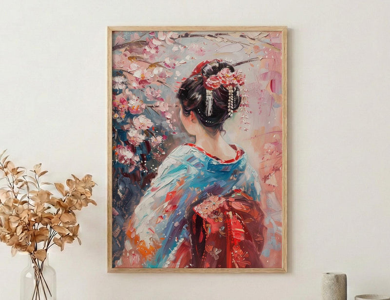 Japanese Geisha Oil Painting Poster, Kimono Woman Art Print, Cherry Blossom Sakura Wall Art, Traditional Asian Decor, Impasto Masterpiece