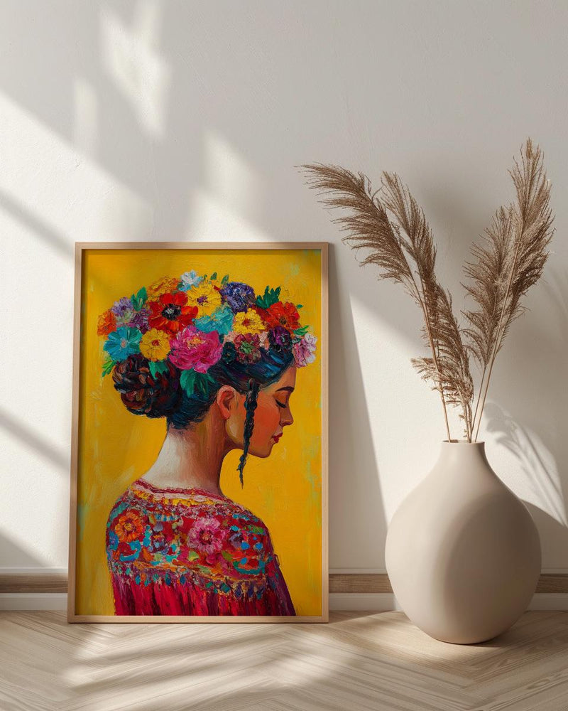 Latin American Woman Oil Painting Poster, Mexican Folklore Art Print, Colorful Floral Headdress Wall Art, Yellow Decor, Impasto Portrait
