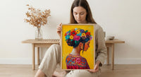 Latin American Woman Oil Painting Poster, Mexican Folklore Art Print, Colorful Floral Headdress Wall Art, Yellow Decor, Impasto Portrait