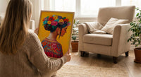 Latin American Woman Oil Painting Poster, Mexican Folklore Art Print, Colorful Floral Headdress Wall Art, Yellow Decor, Impasto Portrait