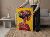 Latin American Woman Oil Painting Poster, Mexican Folklore Art Print, Colorful Floral Headdress Wall Art, Yellow Decor, Impasto Portrait