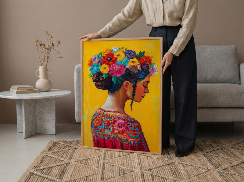 Latin American Woman Oil Painting Poster, Mexican Folklore Art Print, Colorful Floral Headdress Wall Art, Yellow Decor, Impasto Portrait