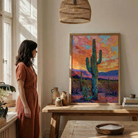 Desert Sunset Oil Painting Poster, Saguaro Cactus Art Print, Colorful Mexican Desert Wall Art, Southwest Decor, Impasto Landscape