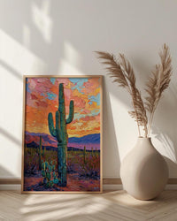 Desert Sunset Oil Painting Poster, Saguaro Cactus Art Print, Colorful Mexican Desert Wall Art, Southwest Decor, Impasto Landscape