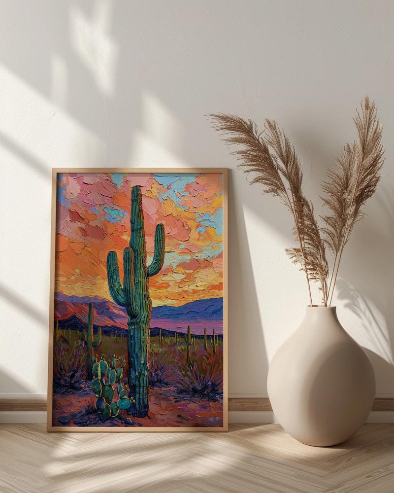 Desert Sunset Oil Painting Poster, Saguaro Cactus Art Print, Colorful Mexican Desert Wall Art, Southwest Decor, Impasto Landscape