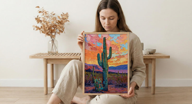 Desert Sunset Oil Painting Poster, Saguaro Cactus Art Print, Colorful Mexican Desert Wall Art, Southwest Decor, Impasto Landscape