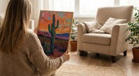 Desert Sunset Oil Painting Poster, Saguaro Cactus Art Print, Colorful Mexican Desert Wall Art, Southwest Decor, Impasto Landscape