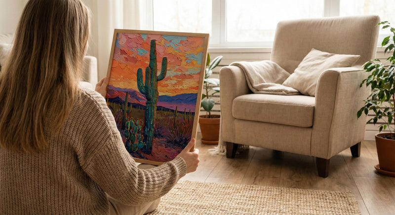 Desert Sunset Oil Painting Poster, Saguaro Cactus Art Print, Colorful Mexican Desert Wall Art, Southwest Decor, Impasto Landscape