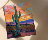 Desert Sunset Oil Painting Poster, Saguaro Cactus Art Print, Colorful Mexican Desert Wall Art, Southwest Decor, Impasto Landscape