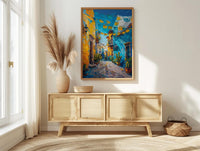 Mexican Street Oil Painting Poster, Colorful Alley Art Print, Vibrant Mexico Wall Art, Cacti & Yellow Wall Decor, Impasto Style Travel Art