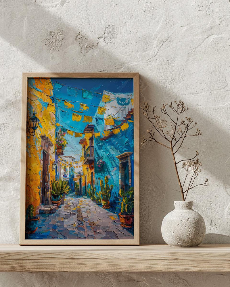 Mexican Street Oil Painting Poster, Colorful Alley Art Print, Vibrant Mexico Wall Art, Cacti & Yellow Wall Decor, Impasto Style Travel Art