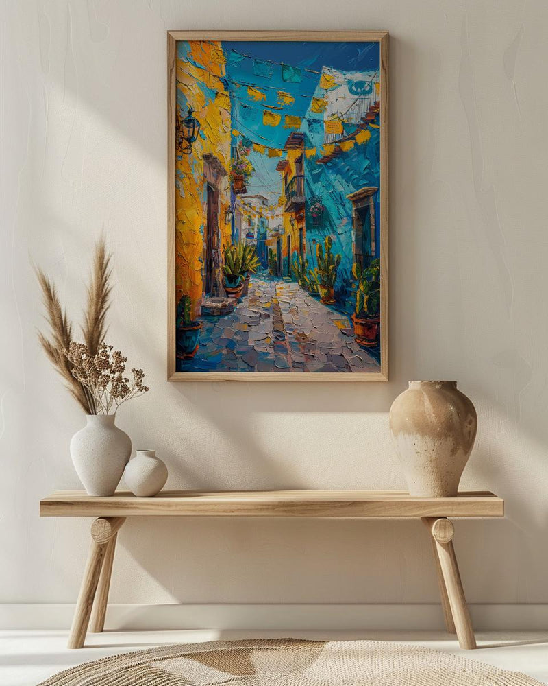 Mexican Street Oil Painting Poster, Colorful Alley Art Print, Vibrant Mexico Wall Art, Cacti & Yellow Wall Decor, Impasto Style Travel Art