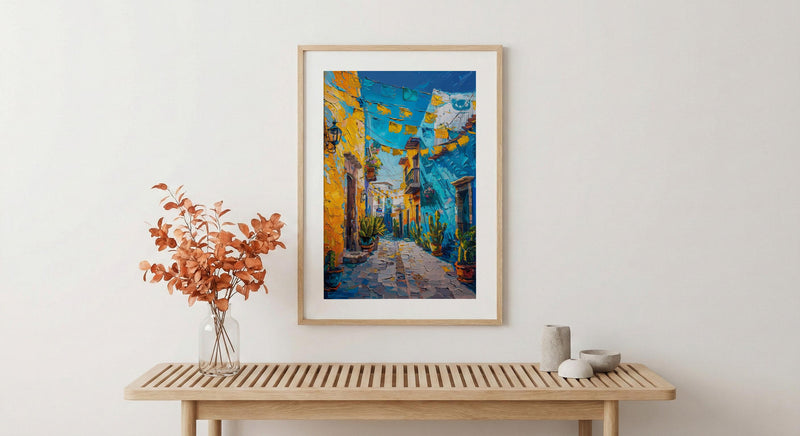 Mexican Street Oil Painting Poster, Colorful Alley Art Print, Vibrant Mexico Wall Art, Cacti & Yellow Wall Decor, Impasto Style Travel Art