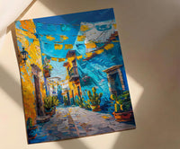 Mexican Street Oil Painting Poster, Colorful Alley Art Print, Vibrant Mexico Wall Art, Cacti & Yellow Wall Decor, Impasto Style Travel Art