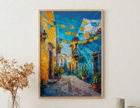 Mexican Street Oil Painting Poster, Colorful Alley Art Print, Vibrant Mexico Wall Art, Cacti & Yellow Wall Decor, Impasto Style Travel Art