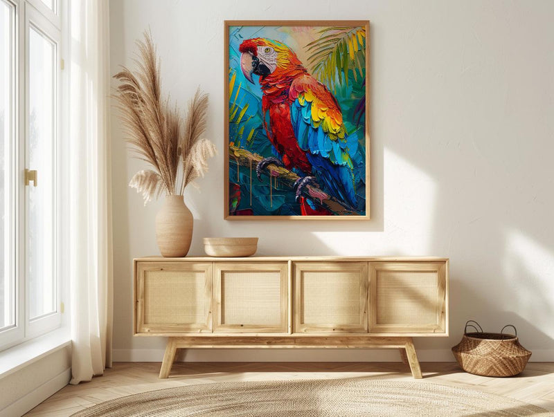 Scarlet Macaw Parrot Oil Painting Poster, Tropical Bird Art Print, Jungle Wildlife Wall Art, Amazon Rainforest, Impasto Animal