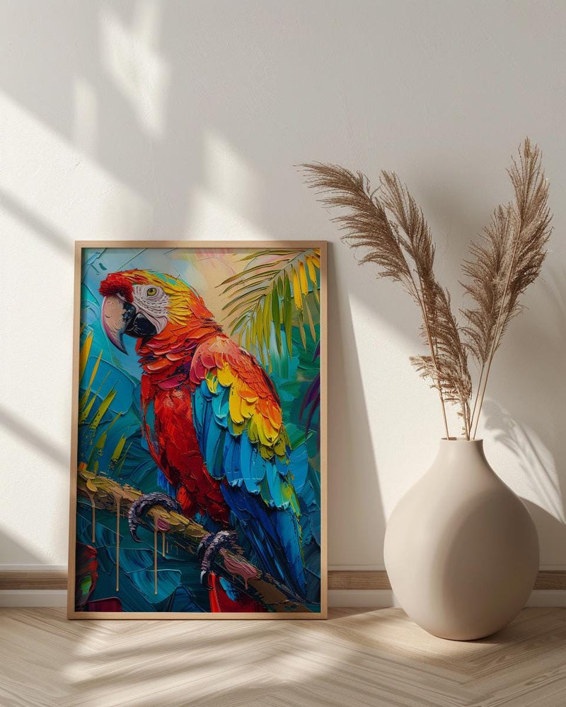 Scarlet Macaw Parrot Oil Painting Poster, Tropical Bird Art Print, Jungle Wildlife Wall Art, Amazon Rainforest, Impasto Animal
