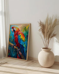 Scarlet Macaw Parrot Oil Painting Poster, Tropical Bird Art Print, Jungle Wildlife Wall Art, Amazon Rainforest, Impasto Animal