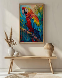 Scarlet Macaw Parrot Oil Painting Poster, Tropical Bird Art Print, Jungle Wildlife Wall Art, Amazon Rainforest, Impasto Animal