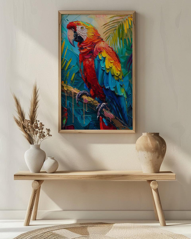 Scarlet Macaw Parrot Oil Painting Poster, Tropical Bird Art Print, Jungle Wildlife Wall Art, Amazon Rainforest, Impasto Animal