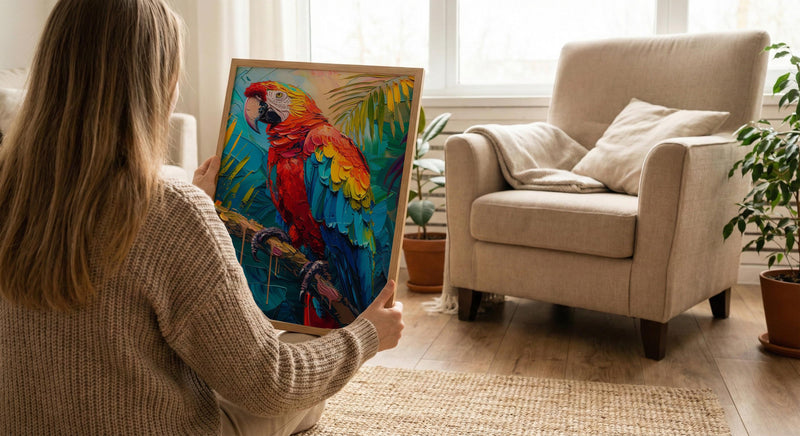 Scarlet Macaw Parrot Oil Painting Poster, Tropical Bird Art Print, Jungle Wildlife Wall Art, Amazon Rainforest, Impasto Animal