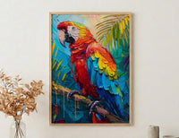 Scarlet Macaw Parrot Oil Painting Poster, Tropical Bird Art Print, Jungle Wildlife Wall Art, Amazon Rainforest, Impasto Animal